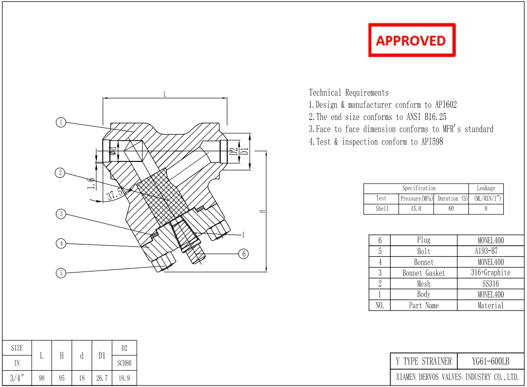 3/4" 600LB Y Type Strainer Monel 400 API 602
