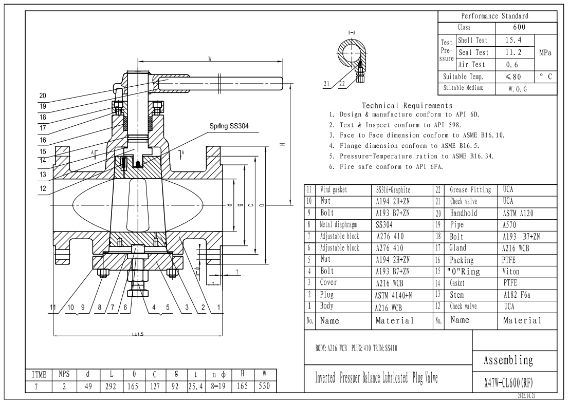 Body WCB, RF, 8" 1500LB Inverted Pressure Balanced Lubricated Plug Valve, API6D
