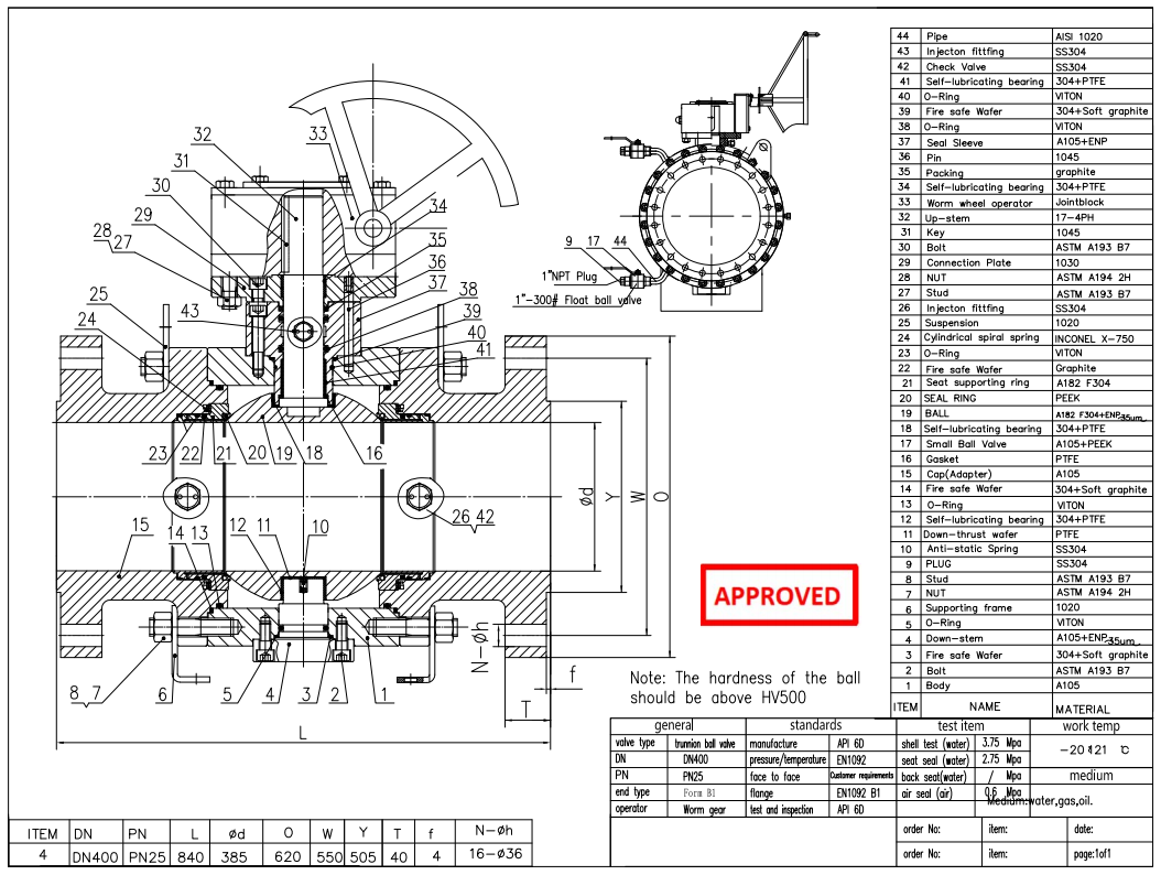 Body A105, DN400 PN25 Trunnion Mounted Ball Valve, API6D, Worm Gear