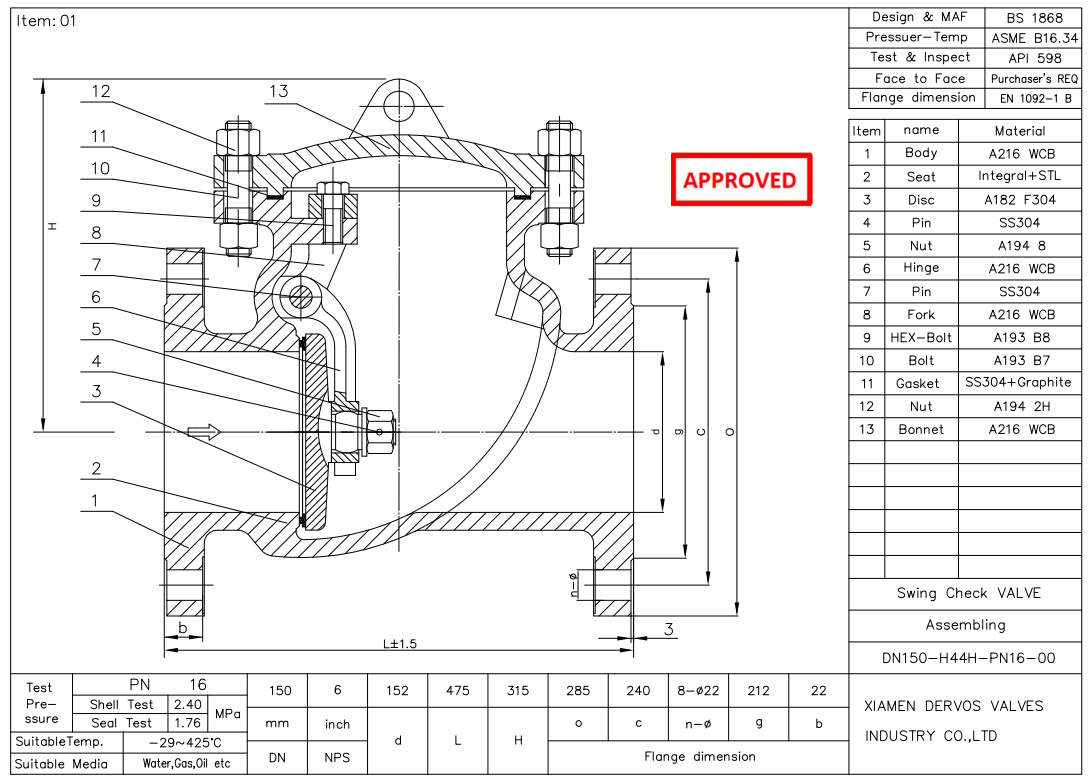 Body WCB, DN150 PN16 Swing Check Valve, RF, BS 1868