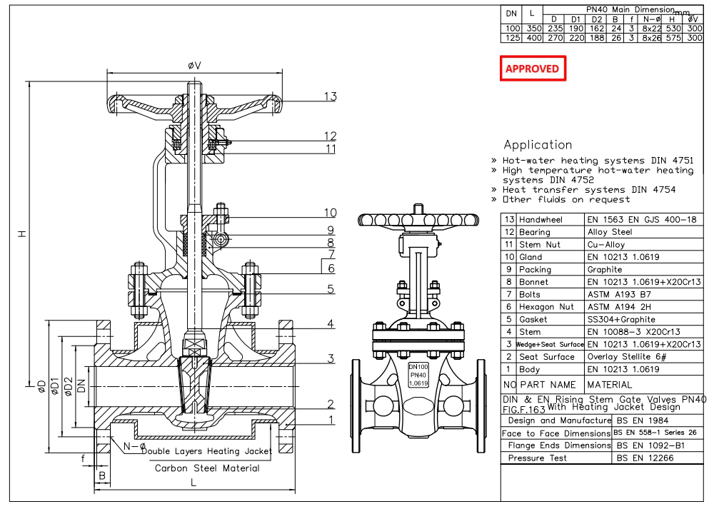 Body 1.0619, DN100 PN40 Cast Steel Gate Valve, Handwheel, EN1984
