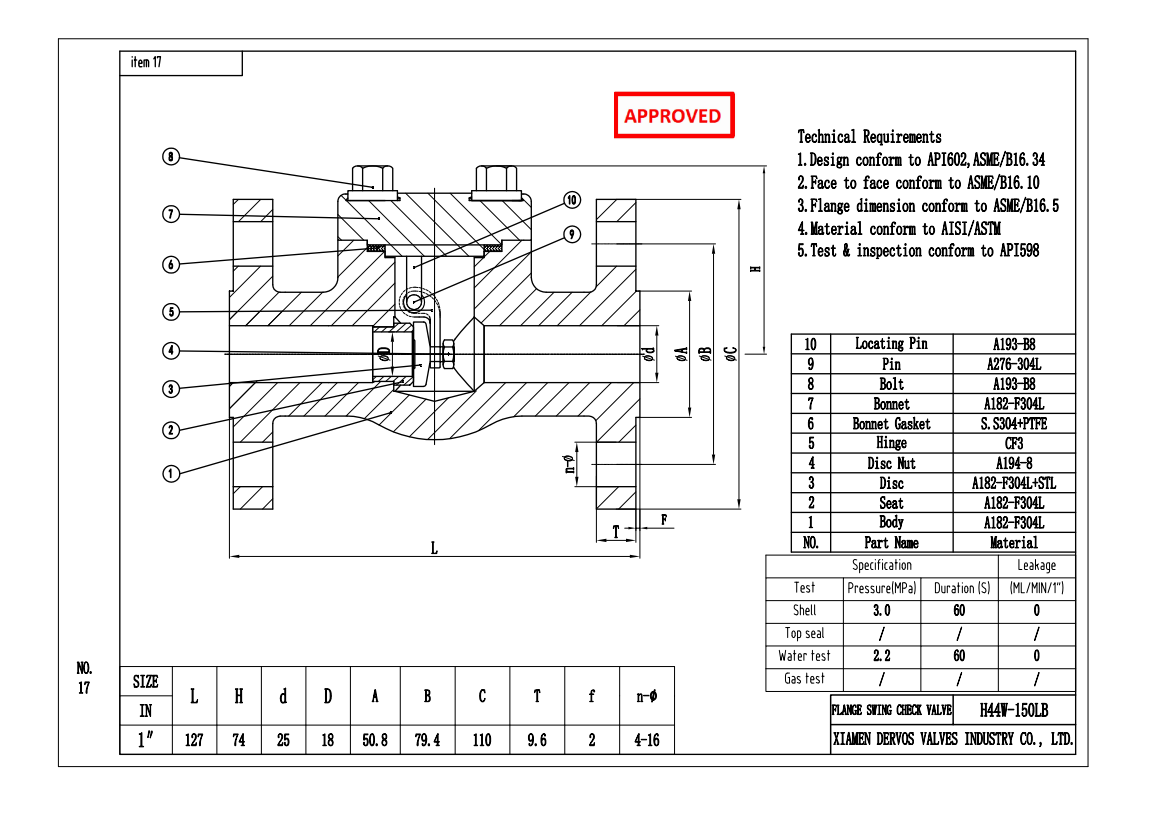 1" 150LB Swing Check Valve RF A182-F304L
